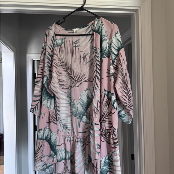 Summer Vacation Pink & Green Leaf Print Kimono Bathing Suit Pool Cover Up - Picture 7 of 7